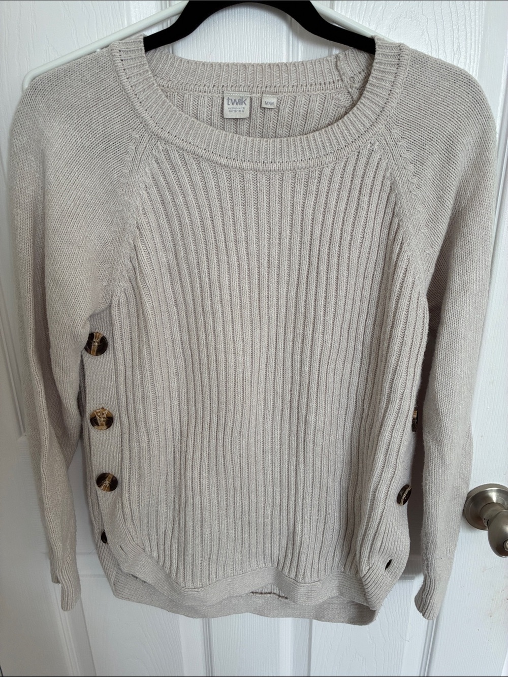 twik Cream Ribbed Crewneck Sweater with Side Button Accents